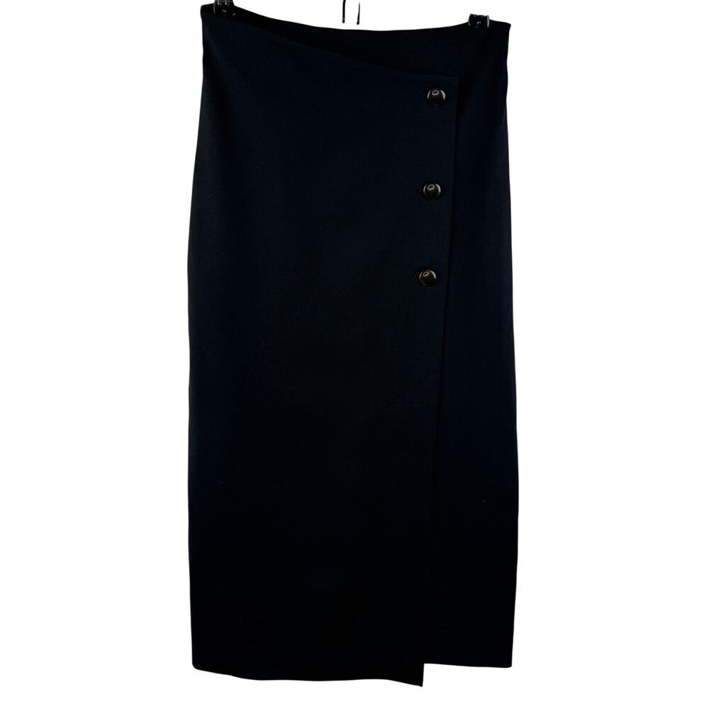 Babaton Aritzia Black Midi Pencil Skirt Billy Asymmetrical Waist Button Size 4 - Picture 2 of 9